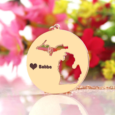 Custom Michigan Disc State Necklaces With Heart  Name Rose Gold