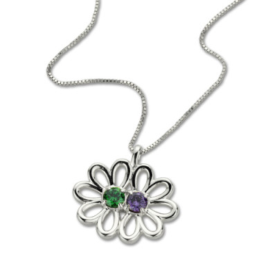 Personalized Double Flower Pendant with Birthstone Sterling Silver 