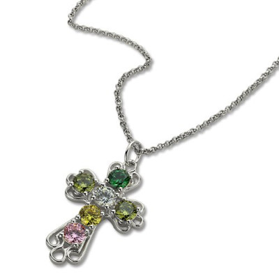 Personalized Cross Necklace with Birthstones Sterling Silver 