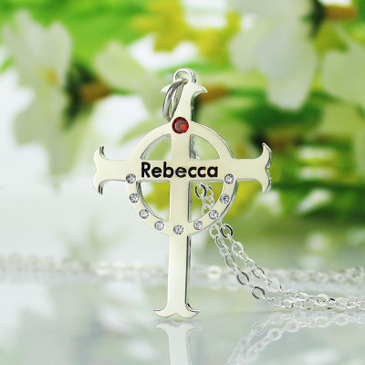 Personalized Circle Cross Necklaces with Birthstone  Name Silver 