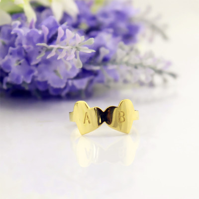 Custom Double Heart Ring Engraved Letter 18ct Gold