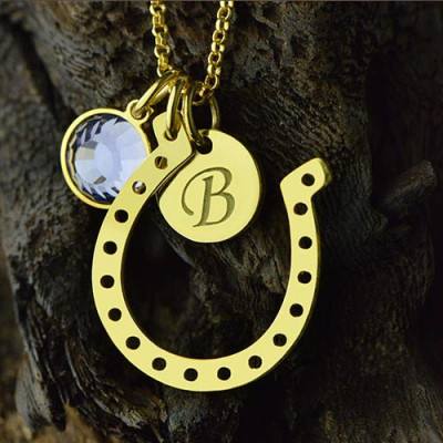 Birthstone Horseshoe Lucky Necklace with Initial Charm  