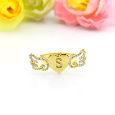 Angel Wings Heart Ring with Birthstone  Initial 18ct Gold 