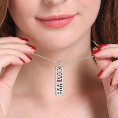 Roman Numeral Vertical Necklace With Birthstones Sterling Silver 
