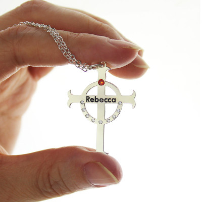 Personalized Circle Cross Necklaces with Birthstone  Name Silver 