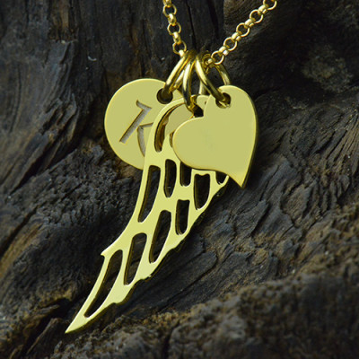 Good Luck Angel Wing Necklace with Initial Charm 18ct Gold