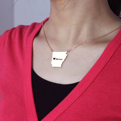 Custom AR State USA Map Necklace With Heart  Name Rose Gold