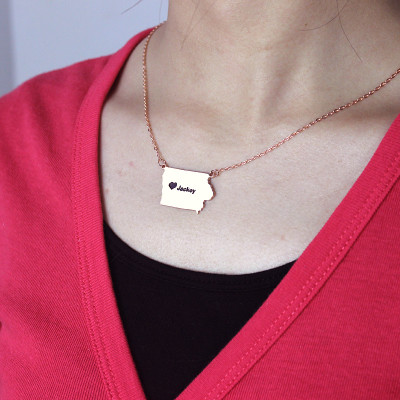 Iowa State USA Map Necklace With Heart  Name Rose Gold