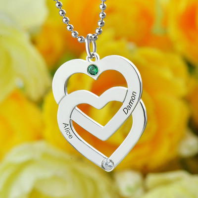 Personalized Double Heart Necklace Engraved Name Sterling Silver