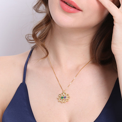 Personalized Double Flower Pendant with Birthstone 18ct Gold Silver 