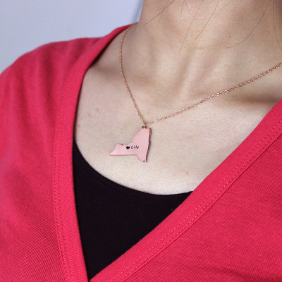 Personalized NY State Shaped Necklaces With Heart  Name Rose Gold