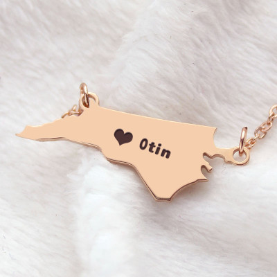 Personalized NC State USA Map Necklace With Heart  Name Rose Gold