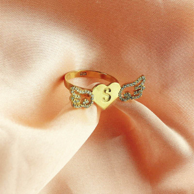Angel Wings Heart Ring with Birthstone  Initial 18ct Gold 