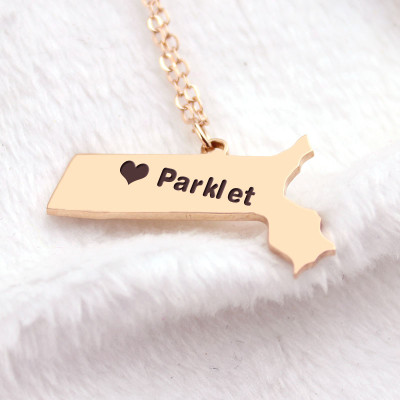 Massachusetts State Shaped Necklaces With Heart  Name Rose Gold