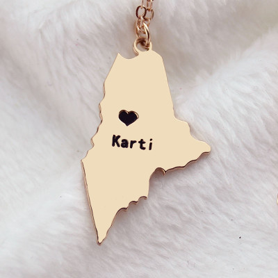 Custom Maine State Shaped Necklaces With Heart  Name Rose Gold