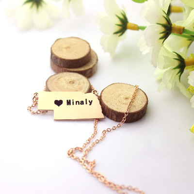 Custom Nebraska State Shaped Necklaces With Heart  Name Rose Gold