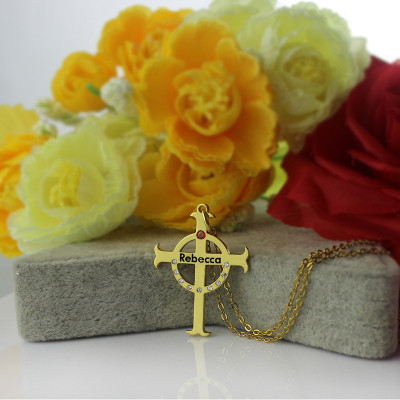Circle Cross Necklaces with Birthstone  Name 18ct Gold Silver 