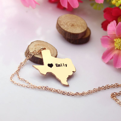 Texas State USA Map Necklace With Heart  Name Rose Gold