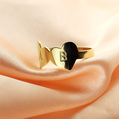 Custom Double Heart Ring Engraved Letter 18ct Gold