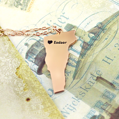 Custom Vermont State USA Map Necklace With Heart  Name Rose Gold