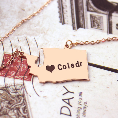 Washington State USA Map Necklace With Heart  Name Rose Gold