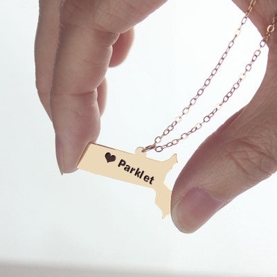 Massachusetts State Shaped Necklaces With Heart  Name Rose Gold