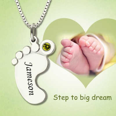 Personalized Mothers Baby Feet Necklace with birthstone  Name 