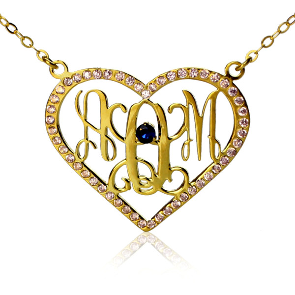 Birthstone Heart Monogram Necklace 18ct Gold 