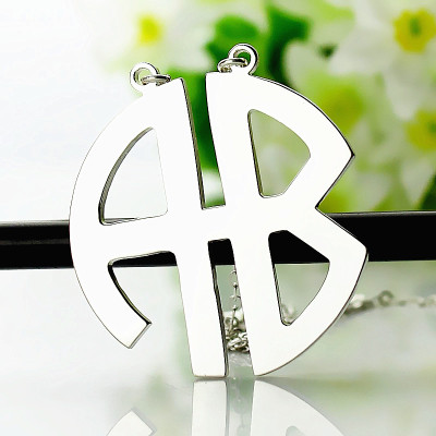 Two Initial Block Monogram Pendant Necklace Solid White Gold