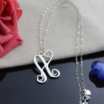 One Initial Monogram With Heart Necklace Silver