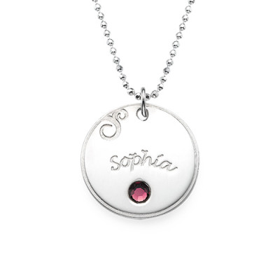 Sterling Silver Engraved Necklace with Birthstone 