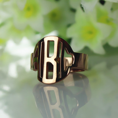 Personalized Circle Block Monogram 3 Initials Ring Solid Rose Gold Ring
