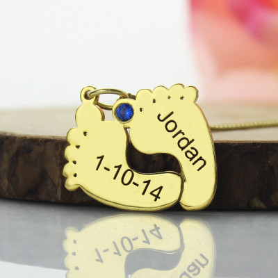 Birthstone Memory Baby Feet Charms with Date  Name 18ct Gold 