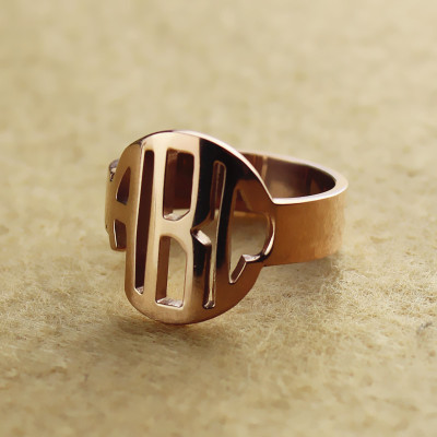 Personalized Circle Block Monogram 3 Initials Ring Solid Rose Gold Ring