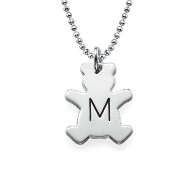 Teddy Bear Necklace with Initial in Silver