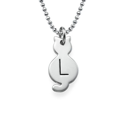 Tiny Cat Necklace with Initial in Sterling Silver