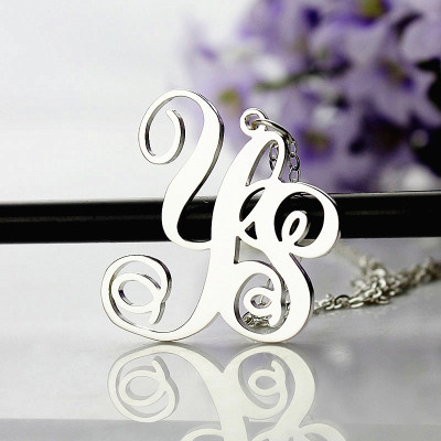 Personalized Solid White Gold Vine Font 2 Initial Monogram Necklace