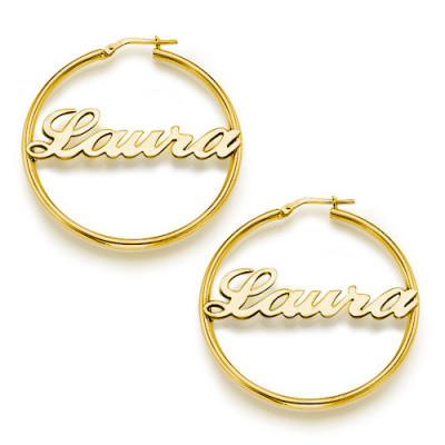 18ct Gold Silver Hoop Name Earrings