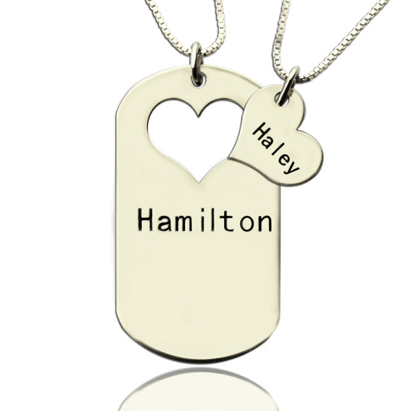 Couples Name Dog Tag Necklace Set with Cut Out Heart