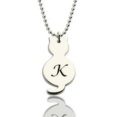 Personalized Tiny Cat Initial Pendant Necklace Silver