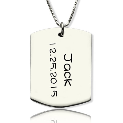 Personalized ID Dog Tag Bar Pendant with Name and Birth Date Silver