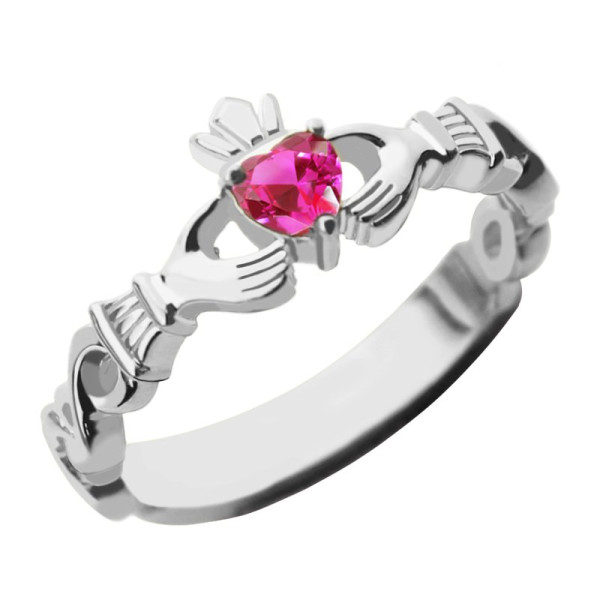Ladies Claddagh Rings With Birthstone  Name White Gold Plated Silver 