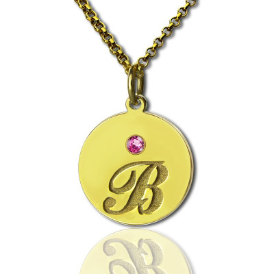 Engraved Initial  Birthstone Disc Charm Necklace 18ct Gold 