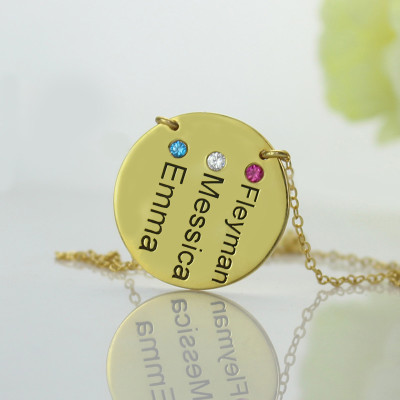 Disc Birthstone Family Names Necklace in 18ct Gold 