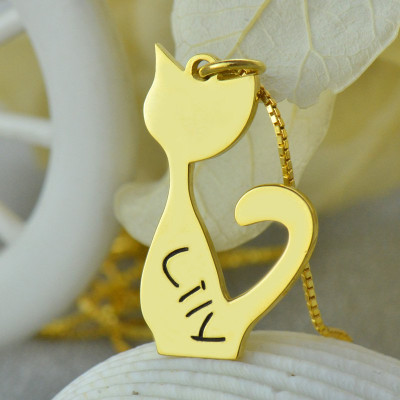 Custom Cat Name Pendant Necklace 18ct Gold Over