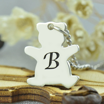 Personalized Teddy Bear Initial Necklace Sterling Silver
