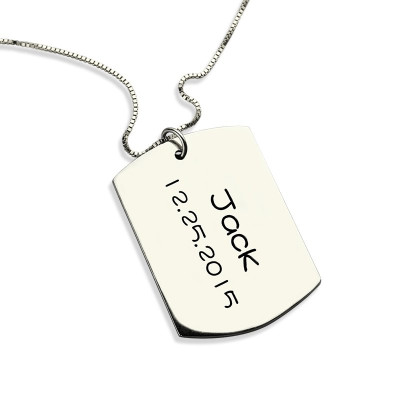 Personalized ID Dog Tag Bar Pendant with Name and Birth Date Silver