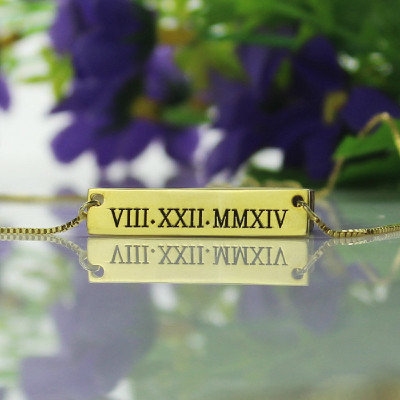 Personalized Roman Numeral Bar Necklace 18ct Gold