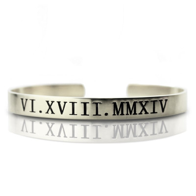 Personalized Roman Numeral Date Cuff Bracelet Sterling Silver