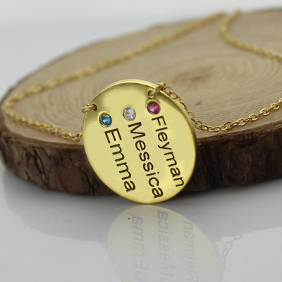 Disc Birthstone Family Names Necklace in 18ct Gold 